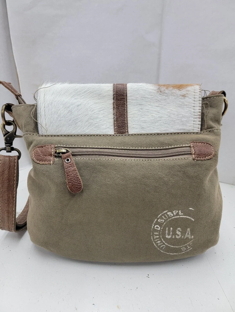 Myra Bag Canvas & Leather Hide Crossbody Bag Upcycled Military Canvas